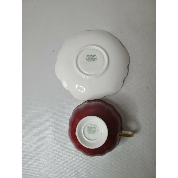 VINTAGE Shelley Fine Bone China Teacup And Saucer Set Burgundy Gold Trim Rare - Picture 5 of 6